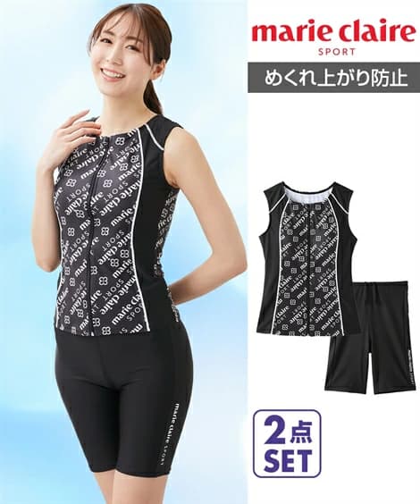 【楽天市場】marie claire SPORT 水着 フィットネス 競泳 レディース 全開ジップ袖付き タンキニ 2点セット 水泳 トレーニング 運動 ジム ネイビー/ブラック 4L/5L/6L ニッセン nissen：ニッセン　楽天市場店