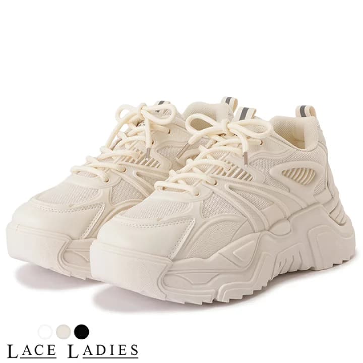 【楽天市場】厚底 ダッドスニーカー ワントーン ボリュームスニーカー レースアップシューズ 美脚 脚長 レディース 春 夏 秋 冬 シンプル カジュアル スポーティー ストリート ボーイッシュ メンズライク アウトドア スポーツ ホワイト アイボリー ブラック ベージュ：レースレディース