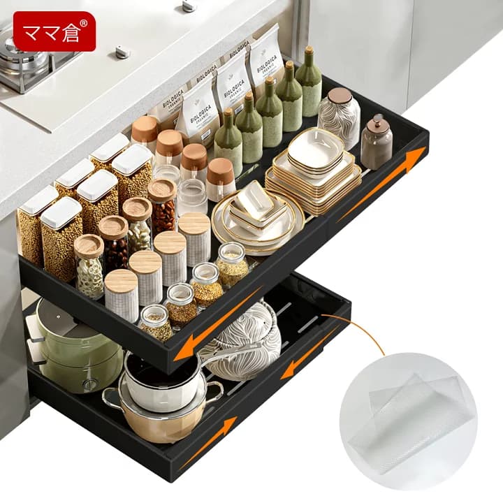 【楽天市場】ママ倉 キッチン収納引き出し 幅32-48/43-68cm 奥行42cm 高さ7cm 伸縮式 スライドレール装備 簡単設置 穴開け不要 スライドレール付き 台所用 銃灰/ブラック：ママ倉Mamakura